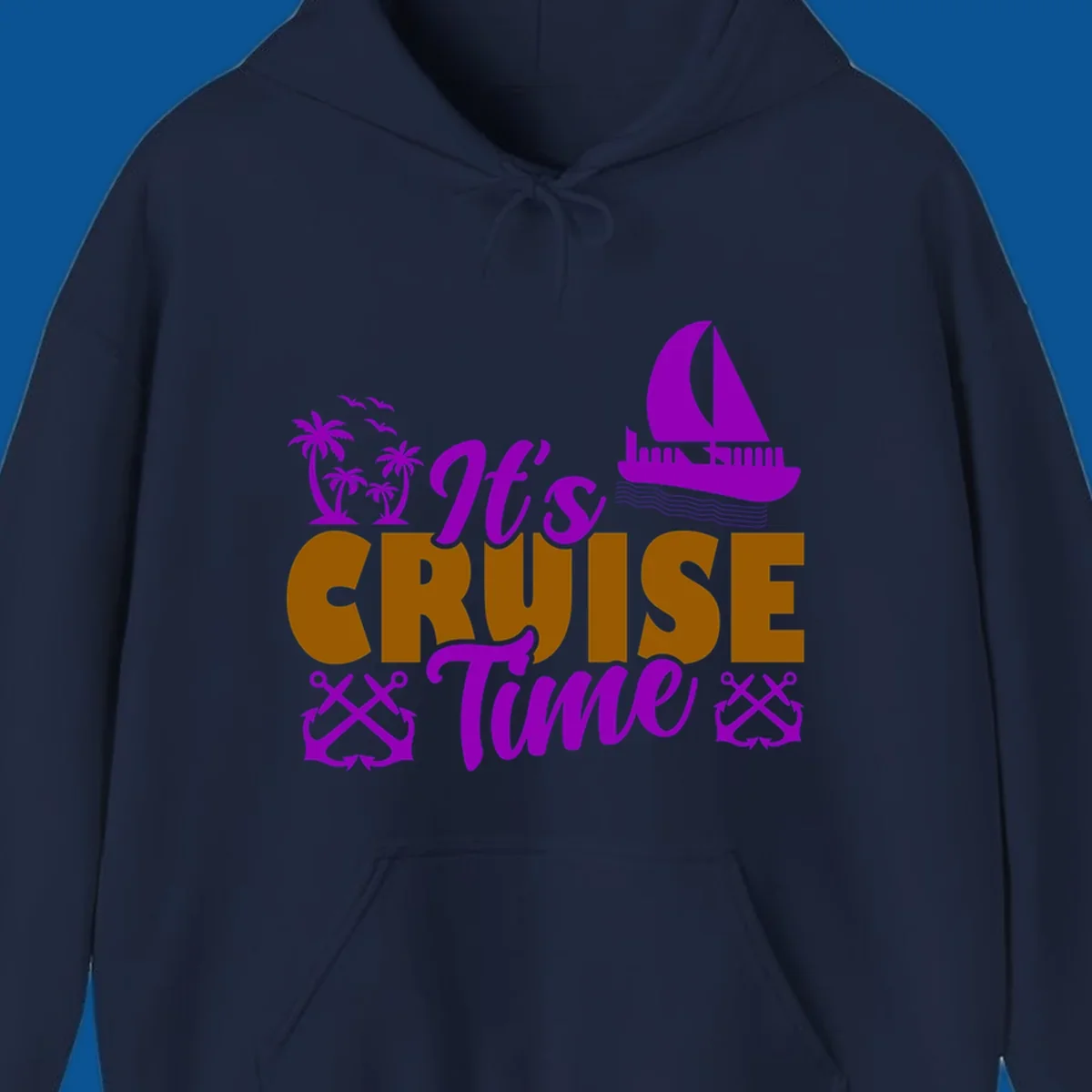 It's Cruise Time tropical nautical graphic with text, palm trees, sailboat and anchors.