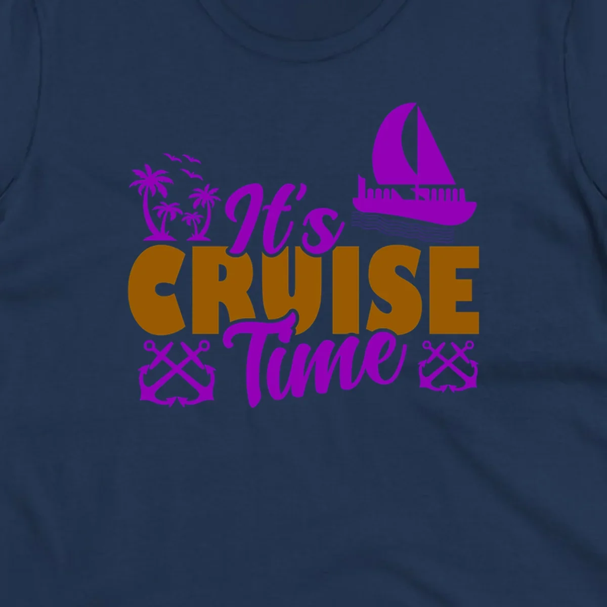 It's Cruise Time tropical nautical graphic with text, palm trees, sailboat and anchors.