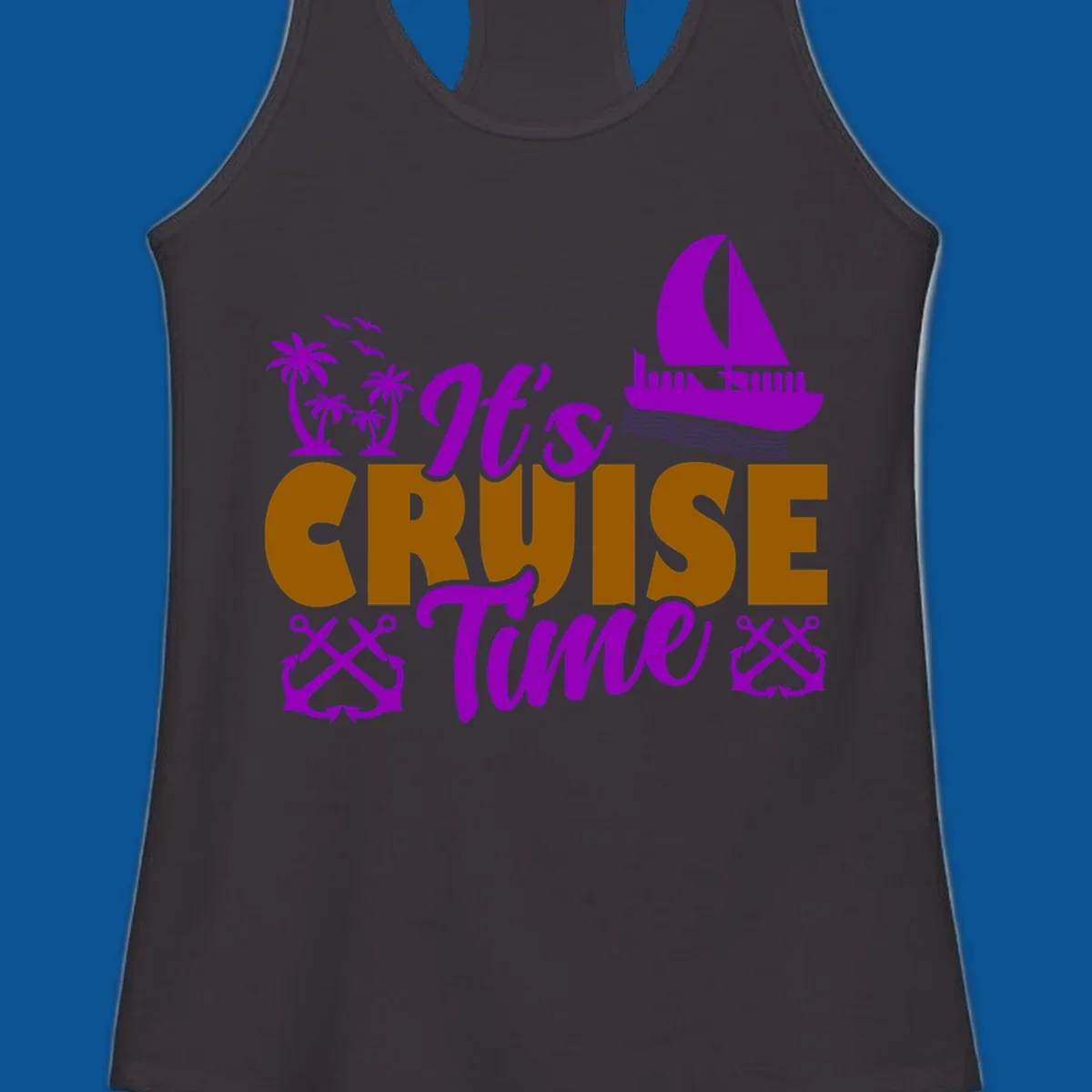 It's Cruise Time tropical nautical graphic with text, palm trees, sailboat and anchors.