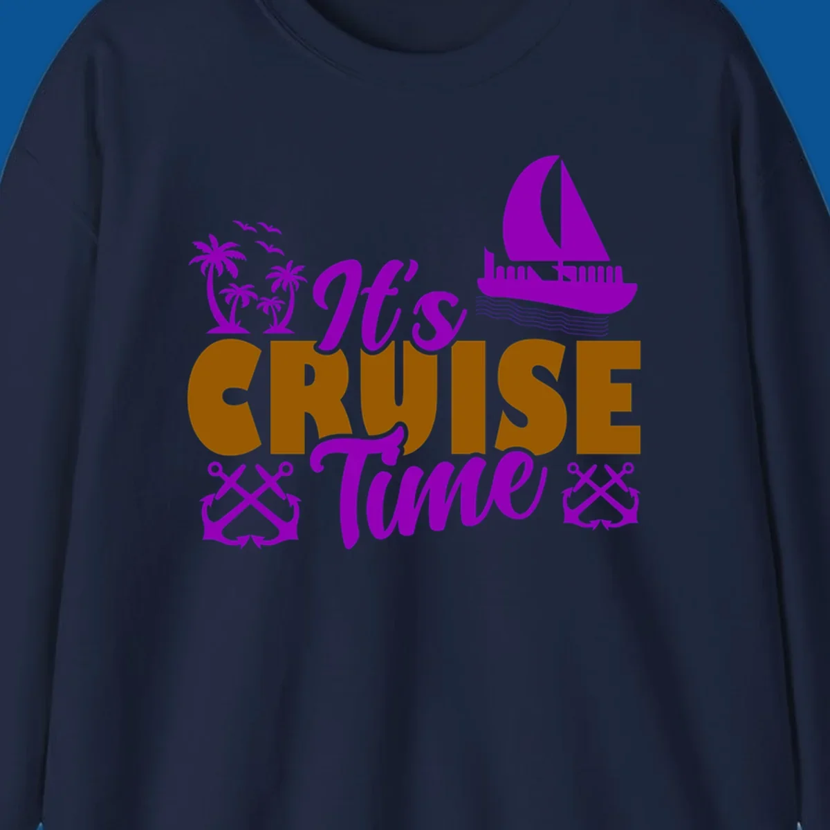 It's Cruise Time tropical nautical graphic with text, palm trees, sailboat and anchors.