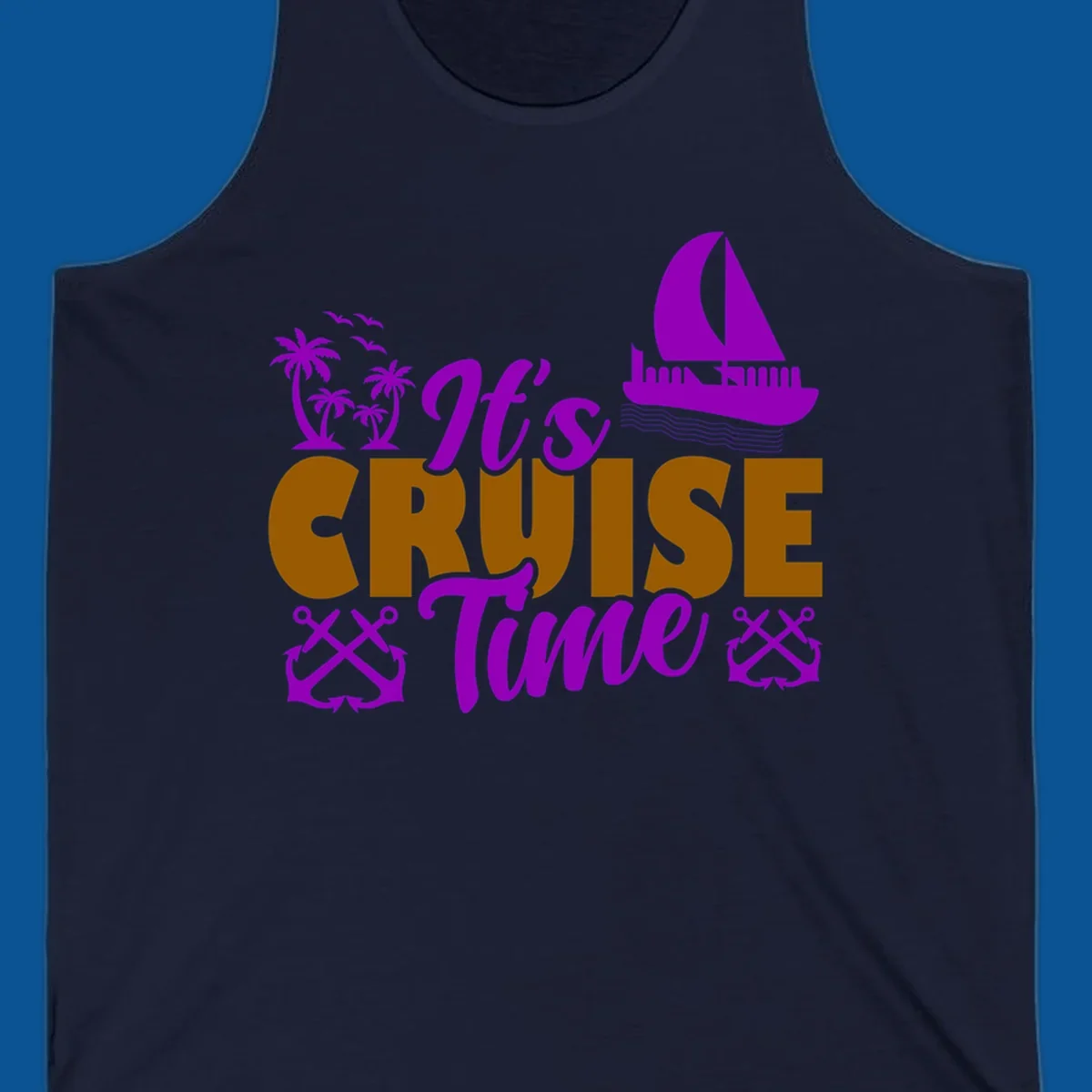 It's Cruise Time tropical nautical graphic with text, palm trees, sailboat and anchors.