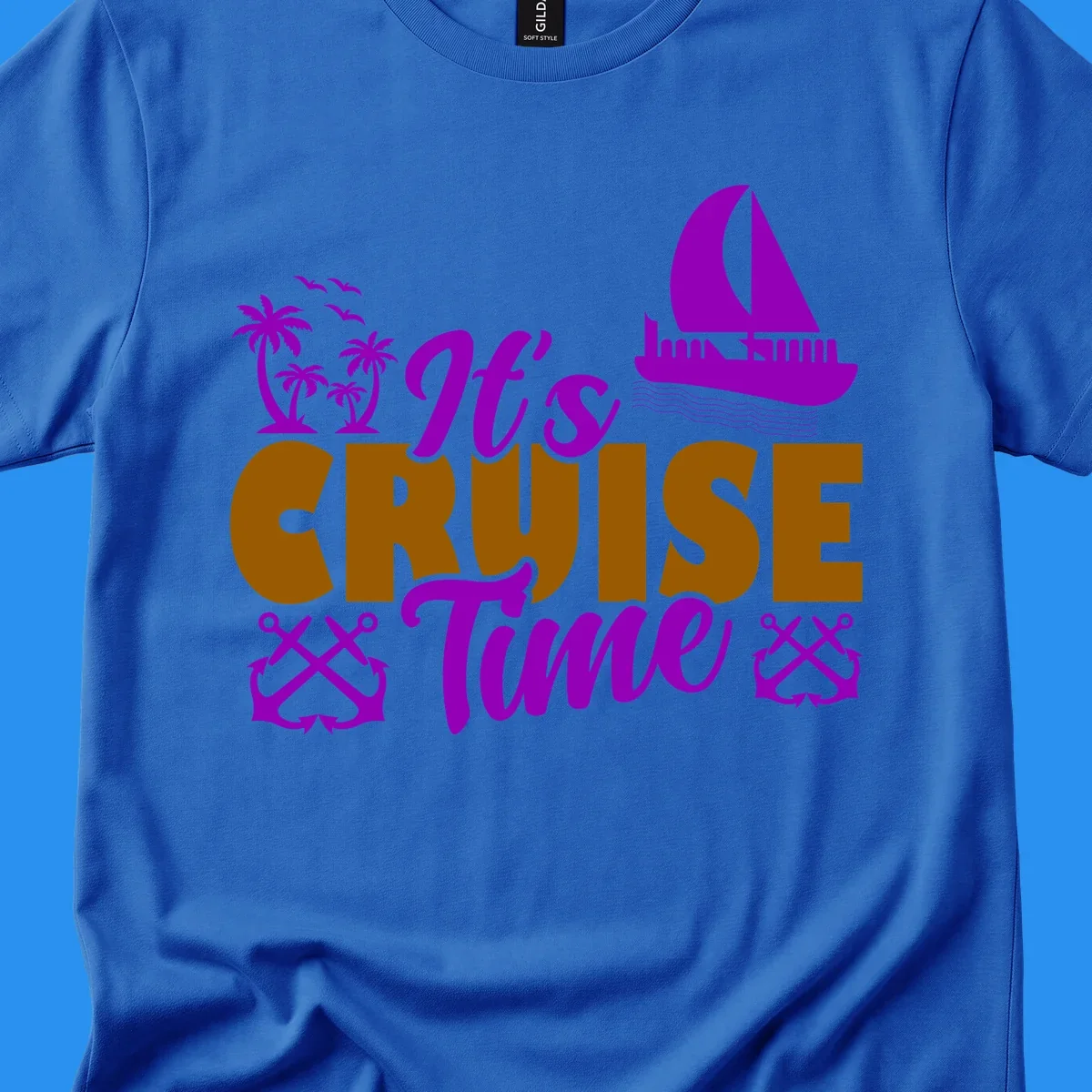 It's Cruise Time tropical nautical graphic with text, palm trees, sailboat and anchors.