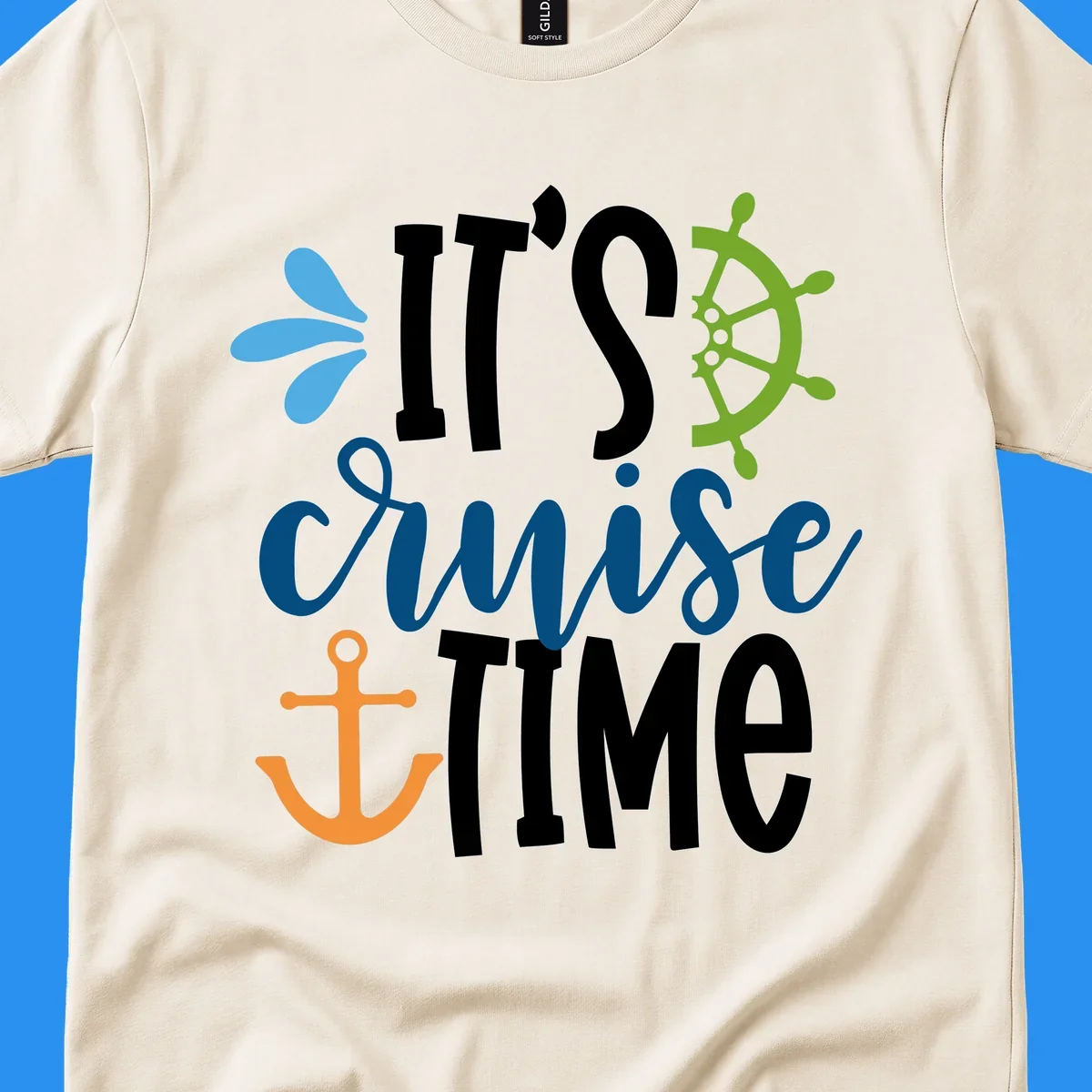 It's Cruise Time nautical design with anchor and ship's wheel.