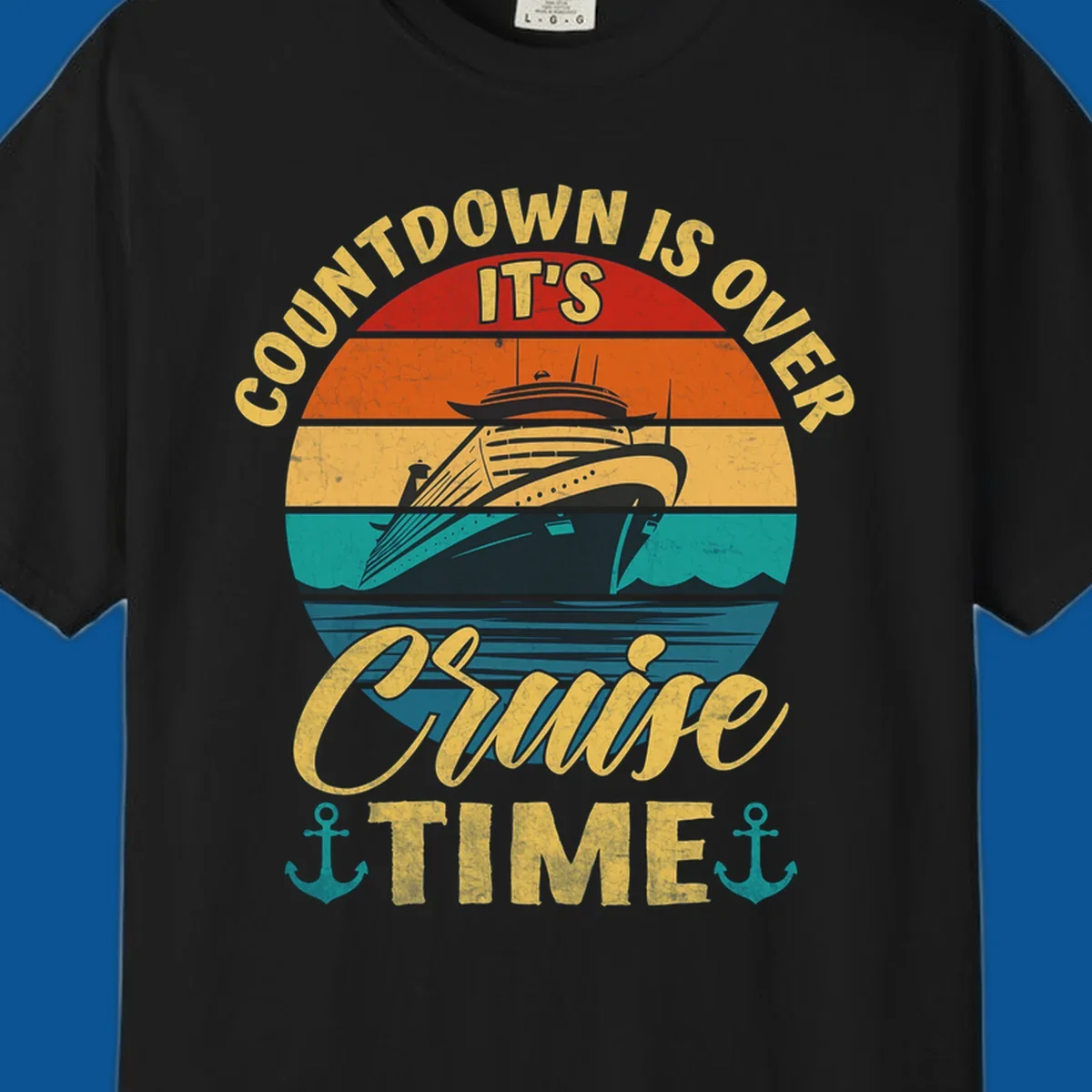 Retro cruise ship sailing at sunset with text 'Countdown Is Over, It's Cruise Time'