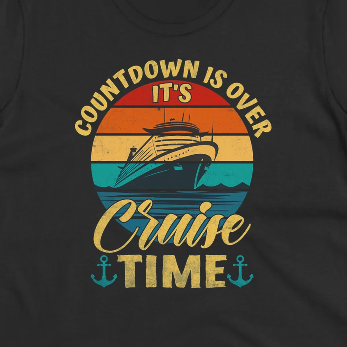 Retro cruise ship sailing at sunset with text 'Countdown Is Over, It's Cruise Time'