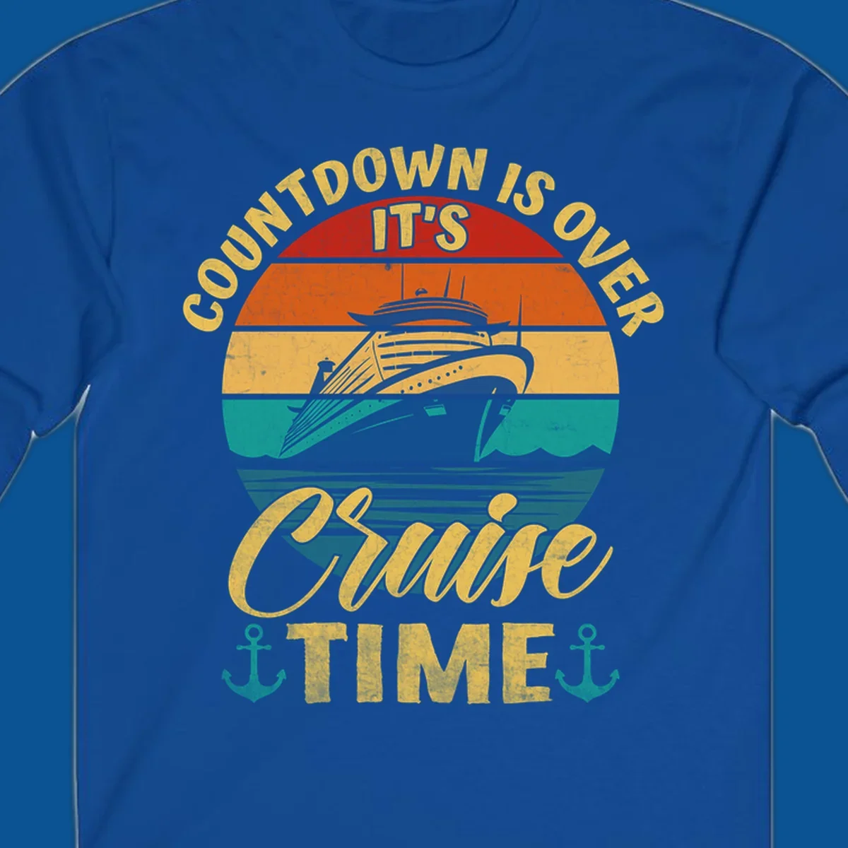 Retro cruise ship sailing at sunset with text 'Countdown Is Over, It's Cruise Time'