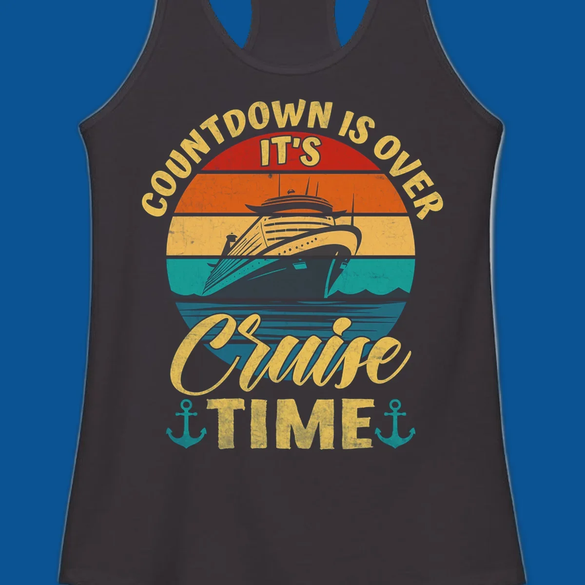 Retro cruise ship sailing at sunset with text 'Countdown Is Over, It's Cruise Time'