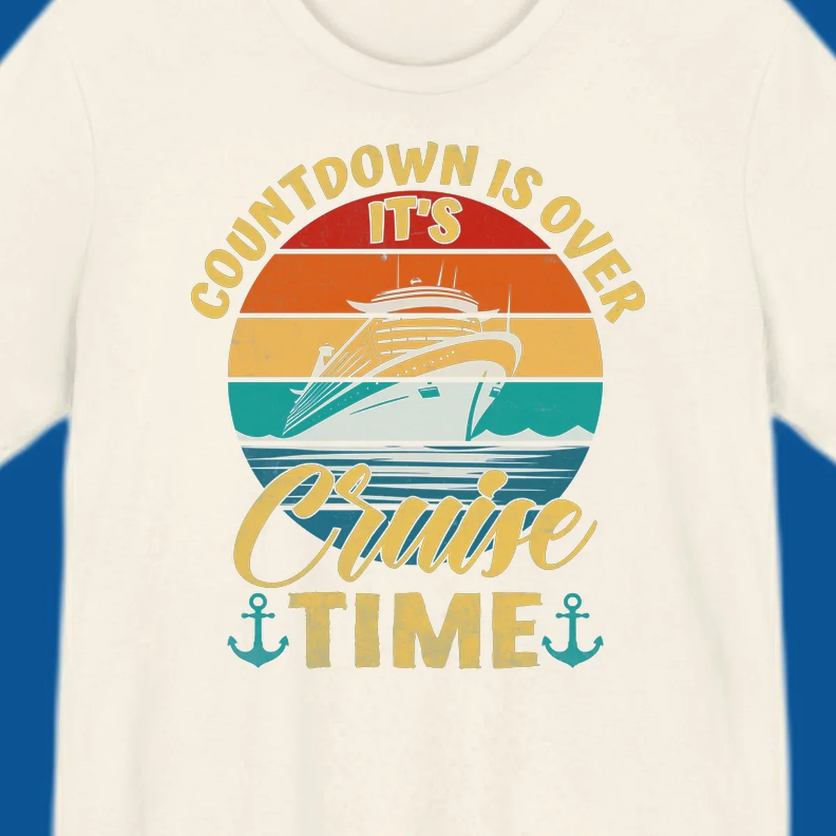 Retro cruise ship sailing at sunset with text 'Countdown Is Over, It's Cruise Time'