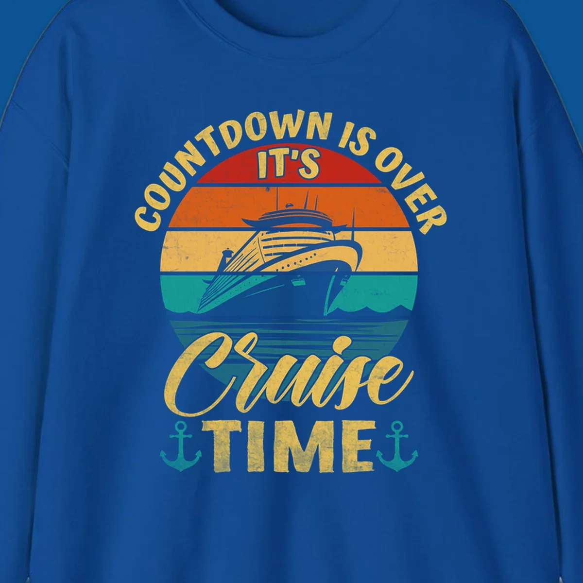 Retro cruise ship sailing at sunset with text 'Countdown Is Over, It's Cruise Time'