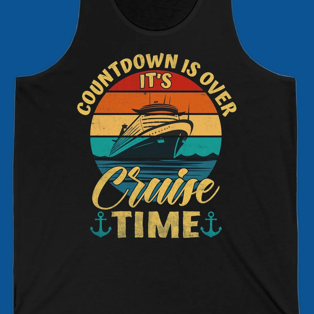 Retro cruise ship sailing at sunset with text 'Countdown Is Over, It's Cruise Time'