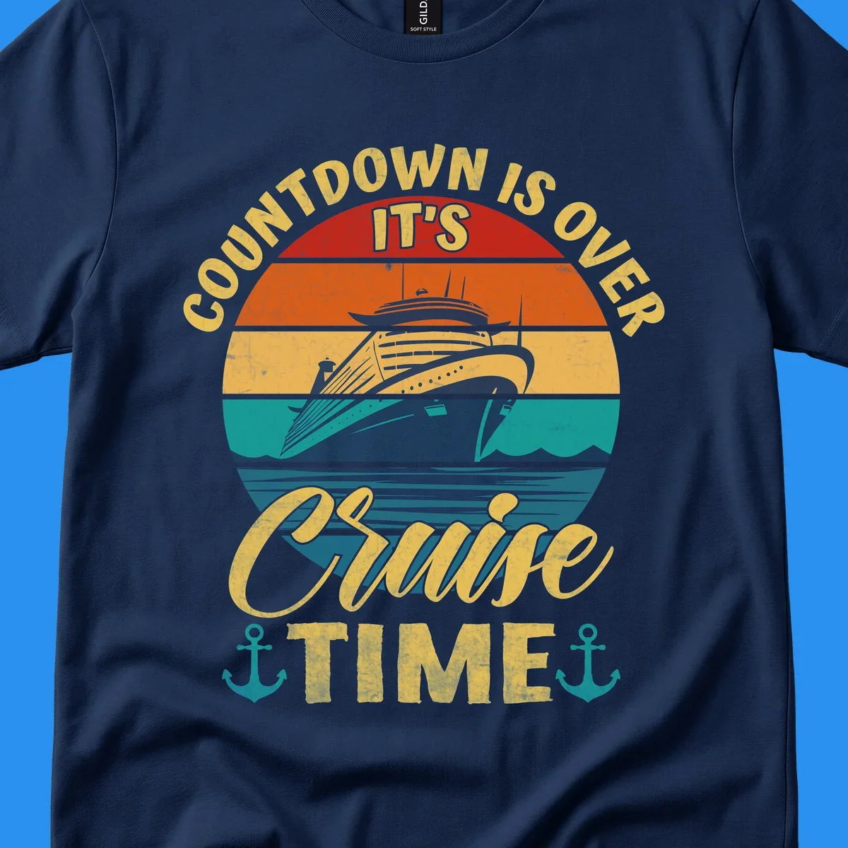 Retro cruise ship sailing at sunset with text 'Countdown Is Over, It's Cruise Time'