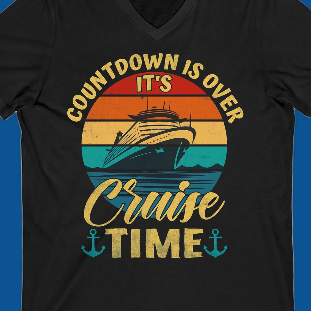 Retro cruise ship sailing at sunset with text 'Countdown Is Over, It's Cruise Time'