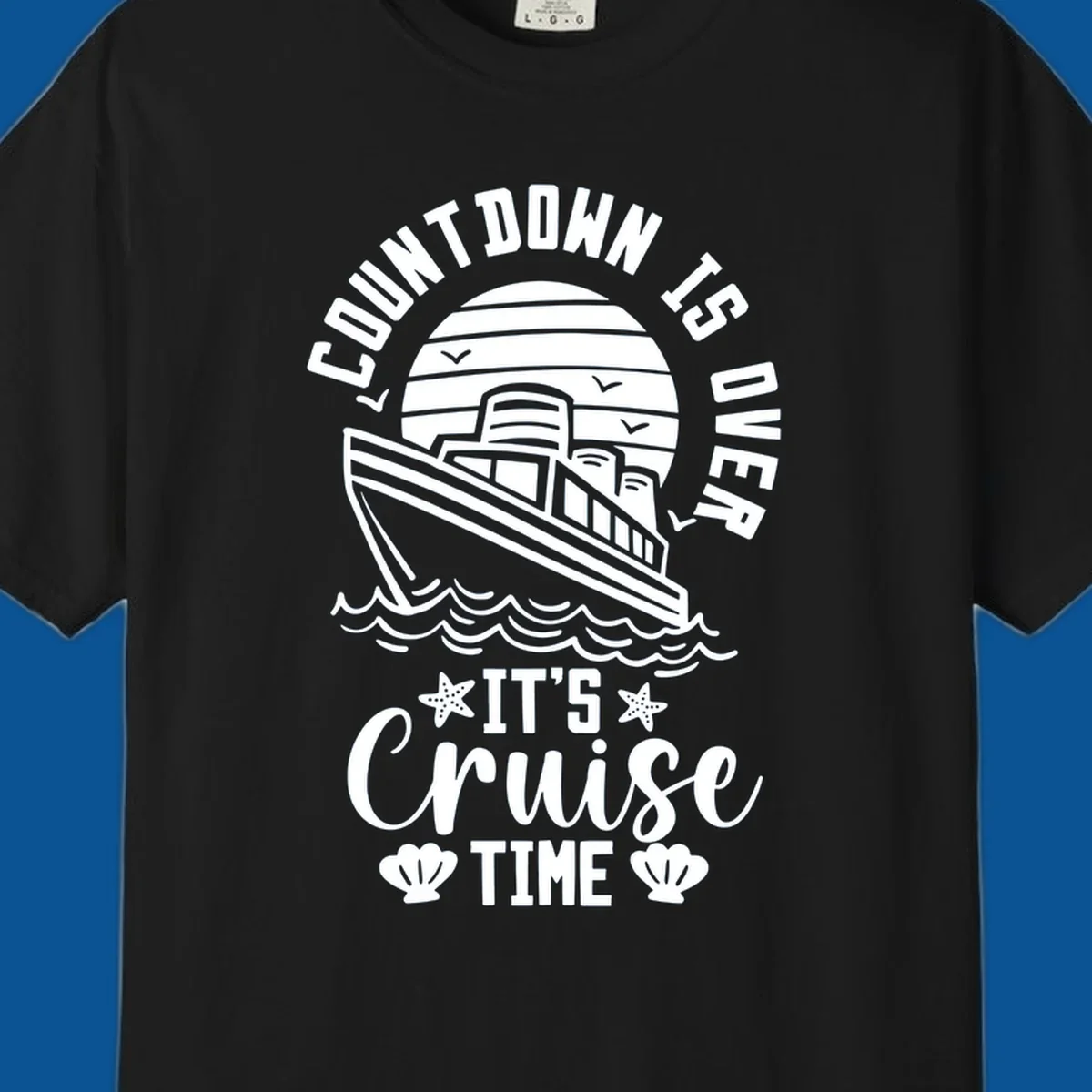 Cruise time countdown design with ship, sun, waves, and text 'Its Cruise Time'