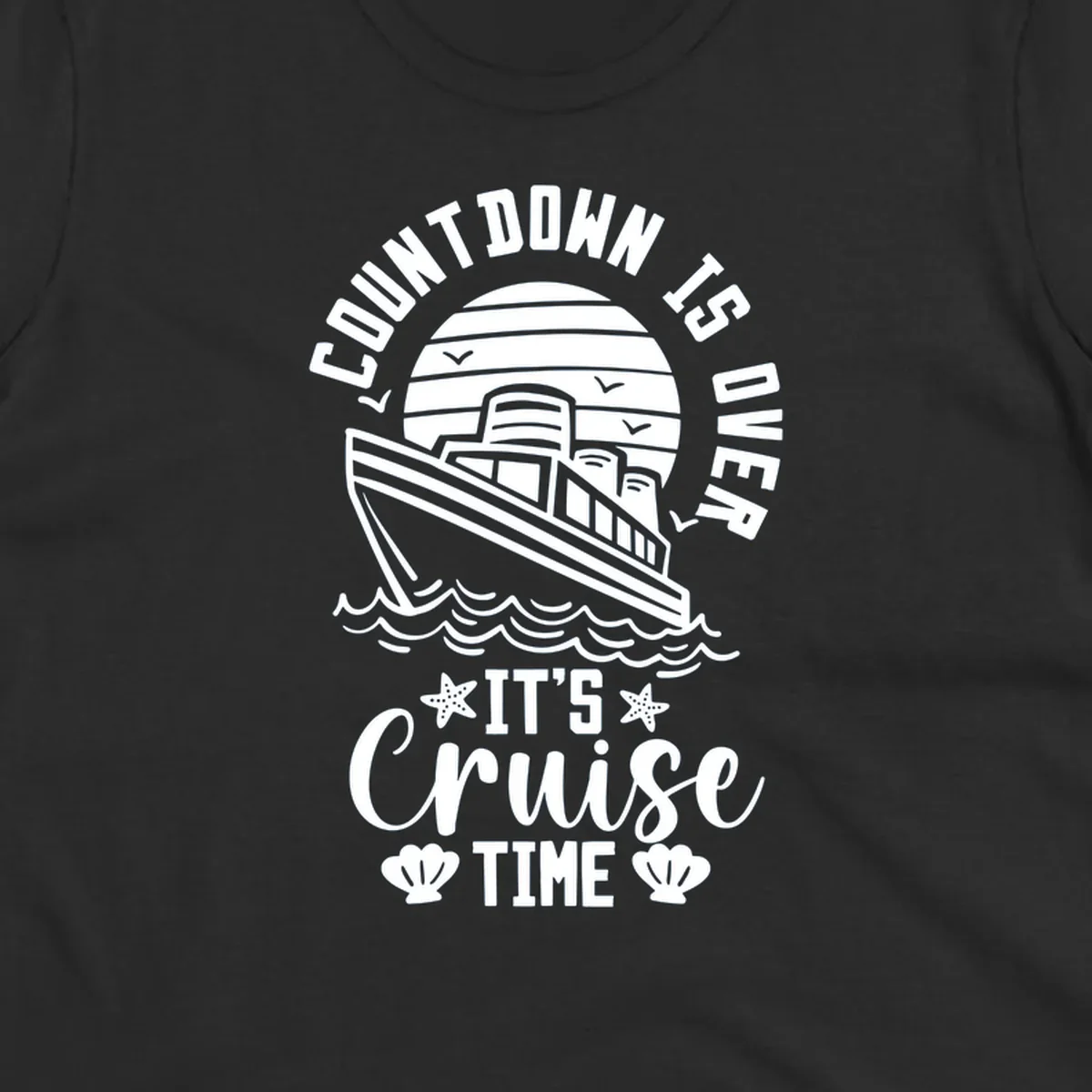 Cruise time countdown design with ship, sun, waves, and text 'Its Cruise Time'