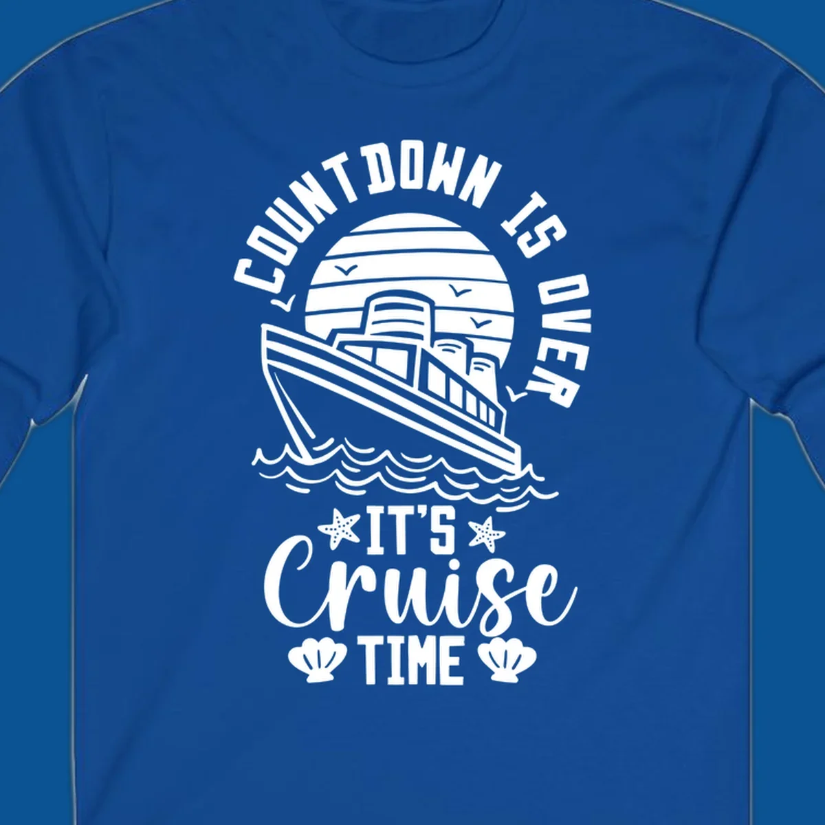 Cruise time countdown design with ship, sun, waves, and text 'Its Cruise Time'