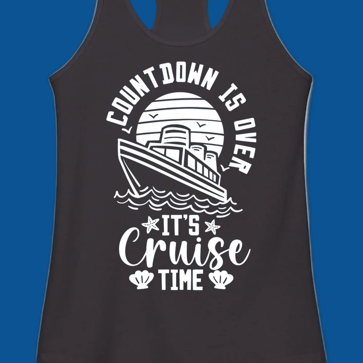 Cruise time countdown design with ship, sun, waves, and text 'Its Cruise Time'