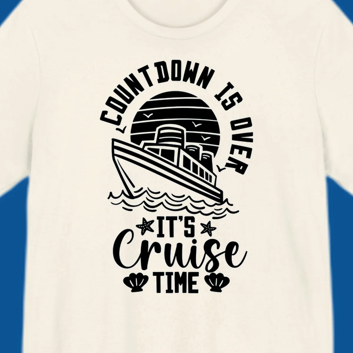 Cruise time countdown design with ship, sun, waves, and text 'Its Cruise Time'