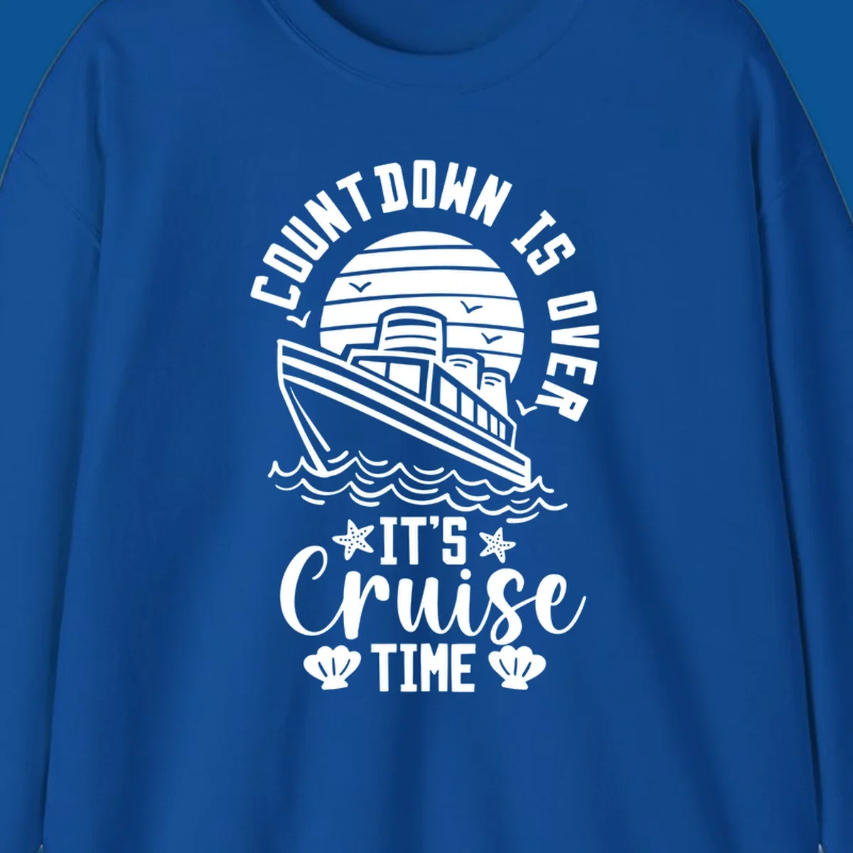 Cruise time countdown design with ship, sun, waves, and text 'Its Cruise Time'