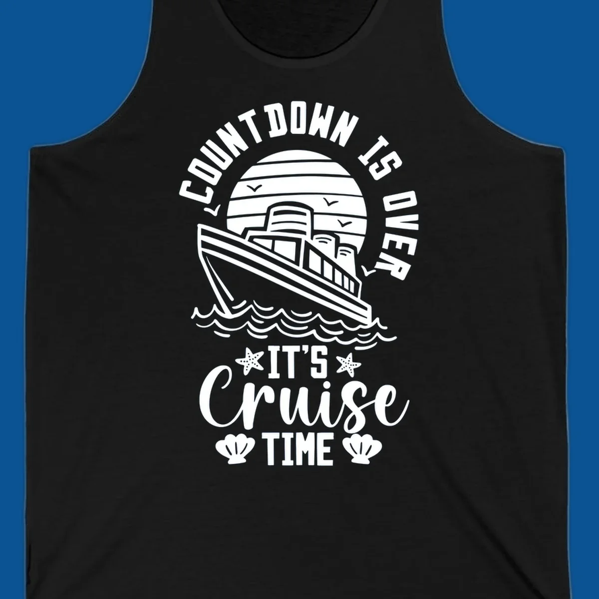 Cruise time countdown design with ship, sun, waves, and text 'Its Cruise Time'