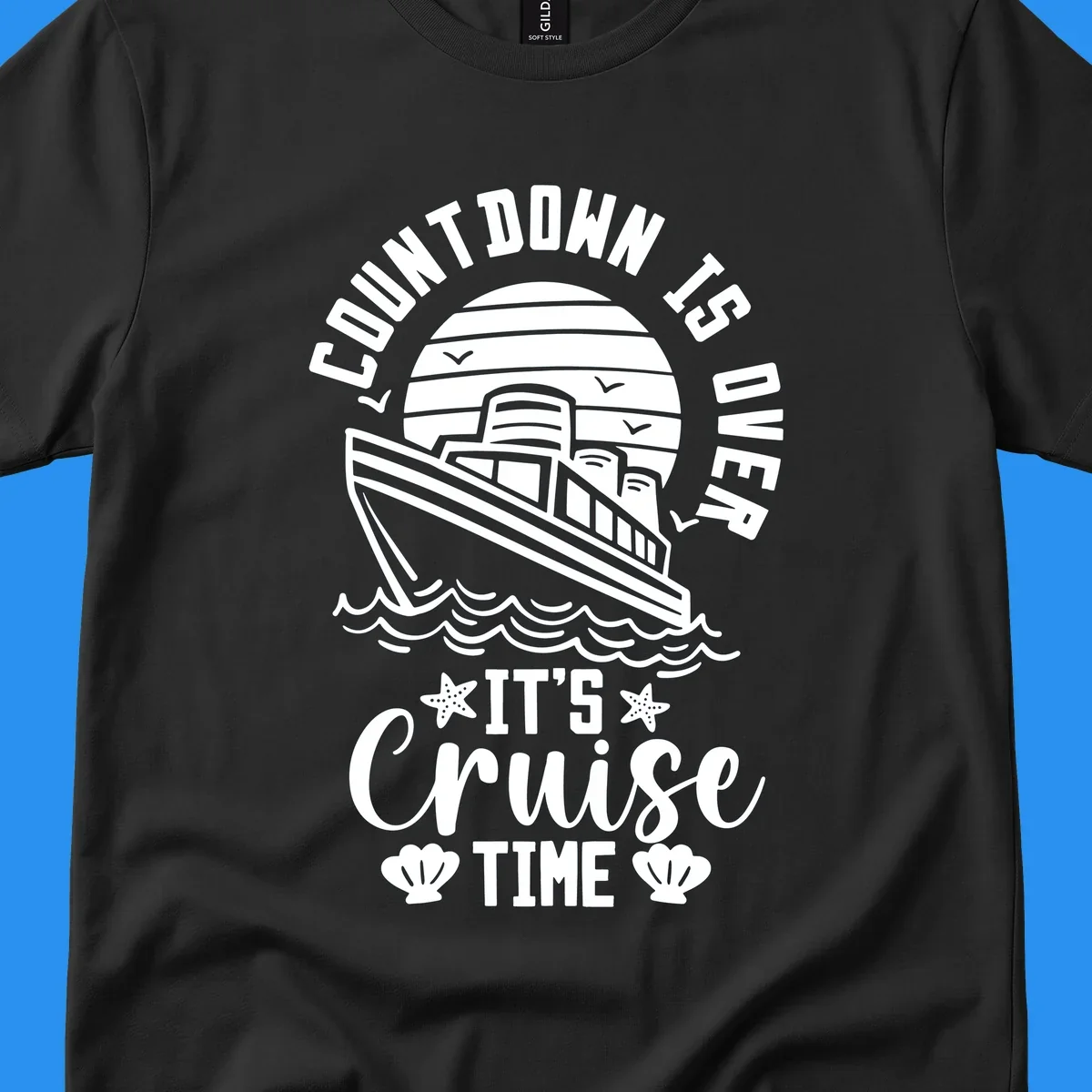 Cruise time countdown design with ship, sun, waves, and text 'Its Cruise Time'