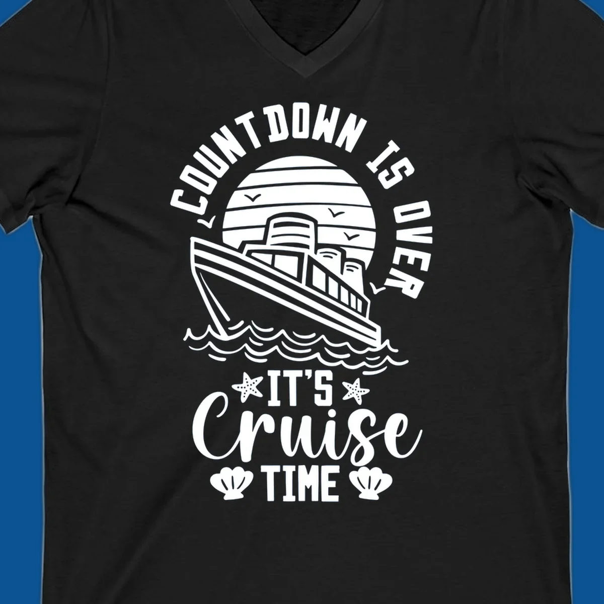Cruise time countdown design with ship, sun, waves, and text 'Its Cruise Time'