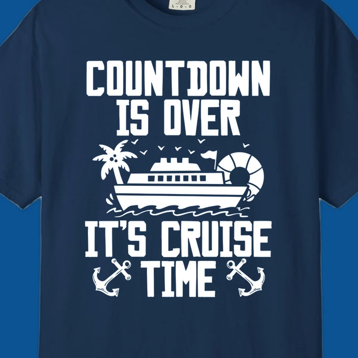 Cruise time countdown design with ship, palm tree, and anchors.