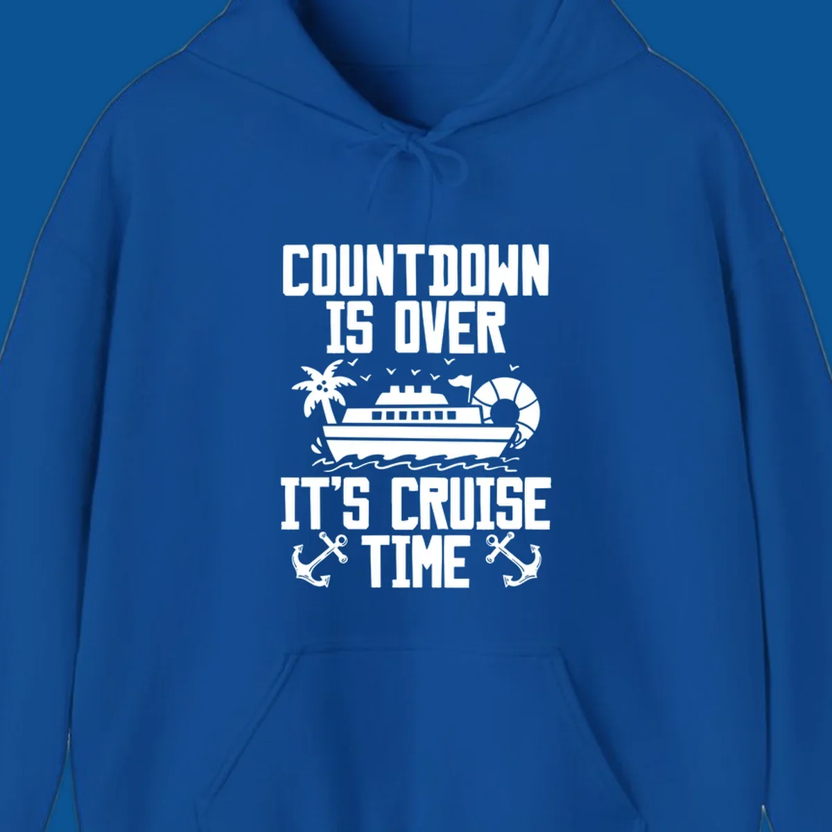 Cruise time countdown design with ship, palm tree, and anchors.