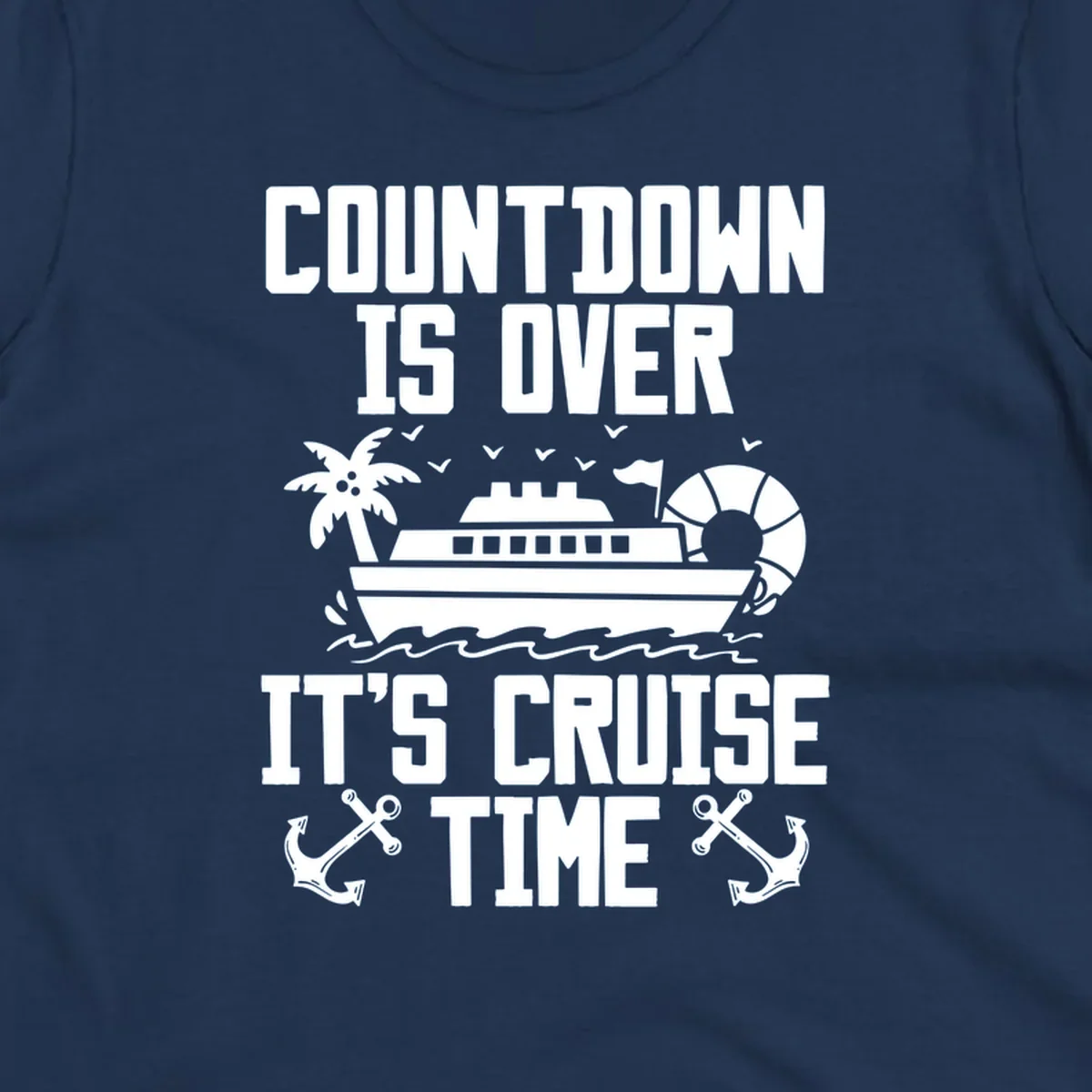 Cruise time countdown design with ship, palm tree, and anchors.