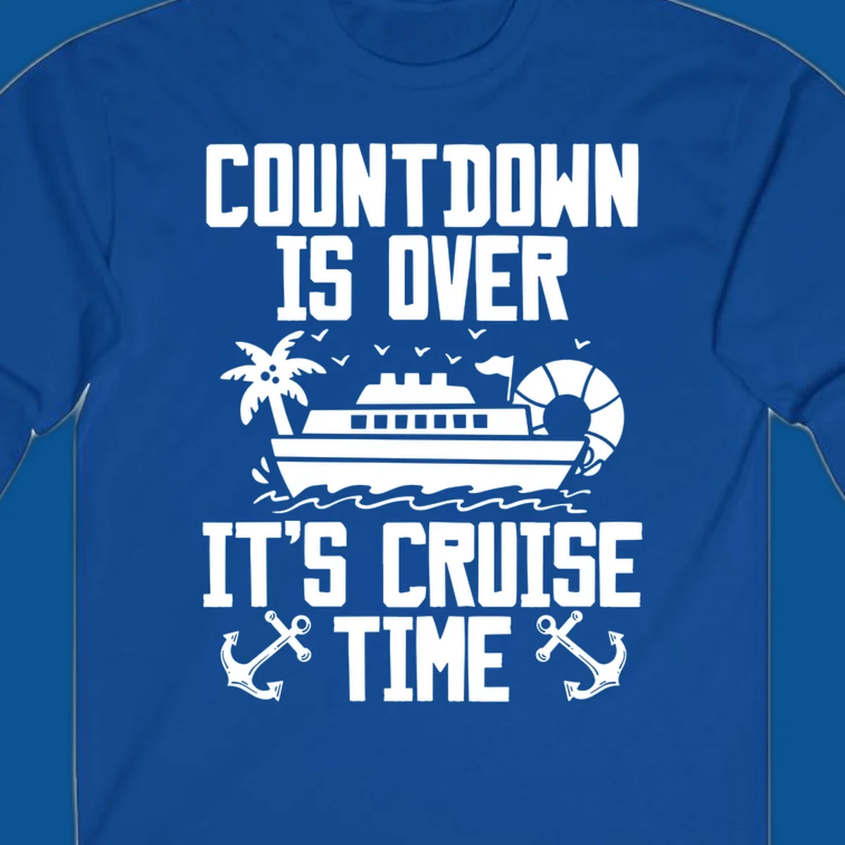 Cruise time countdown design with ship, palm tree, and anchors.
