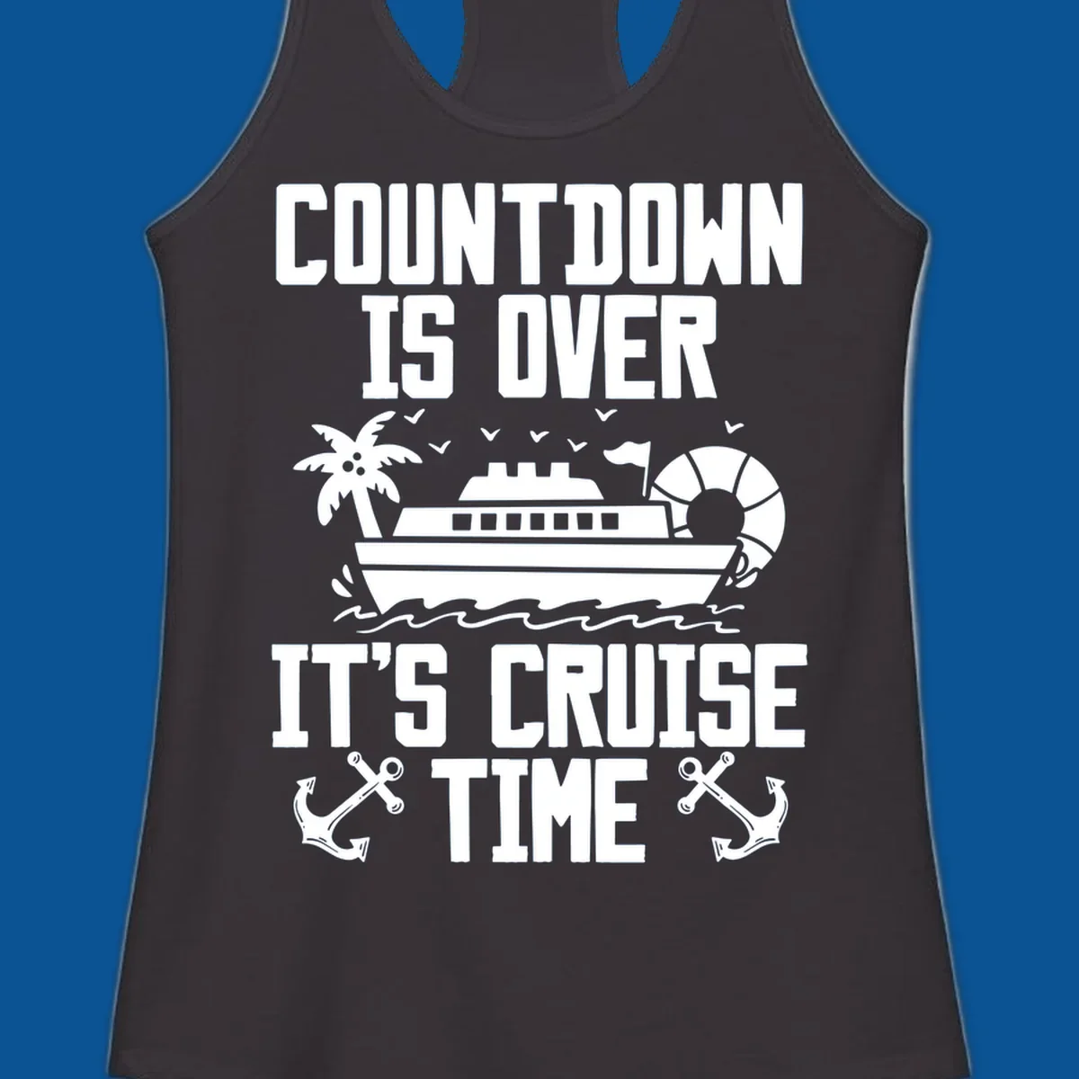 Cruise time countdown design with ship, palm tree, and anchors.