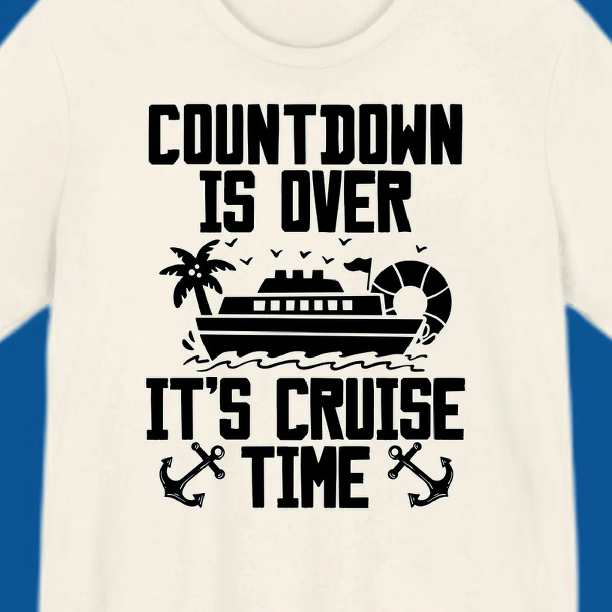 Cruise time countdown design with ship, palm tree, and anchors.