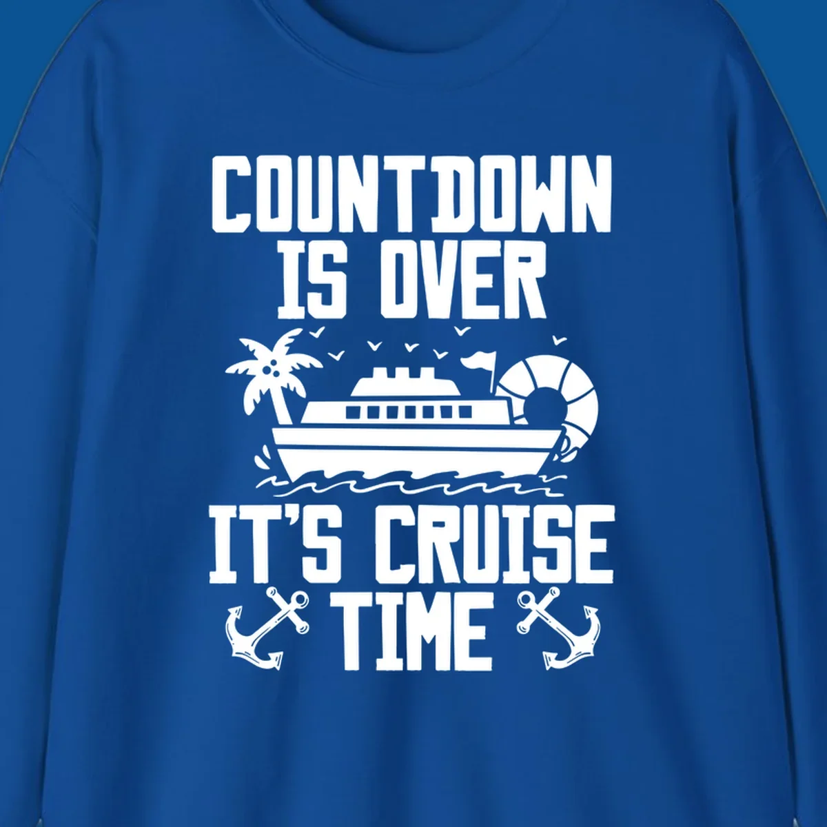 Cruise time countdown design with ship, palm tree, and anchors.