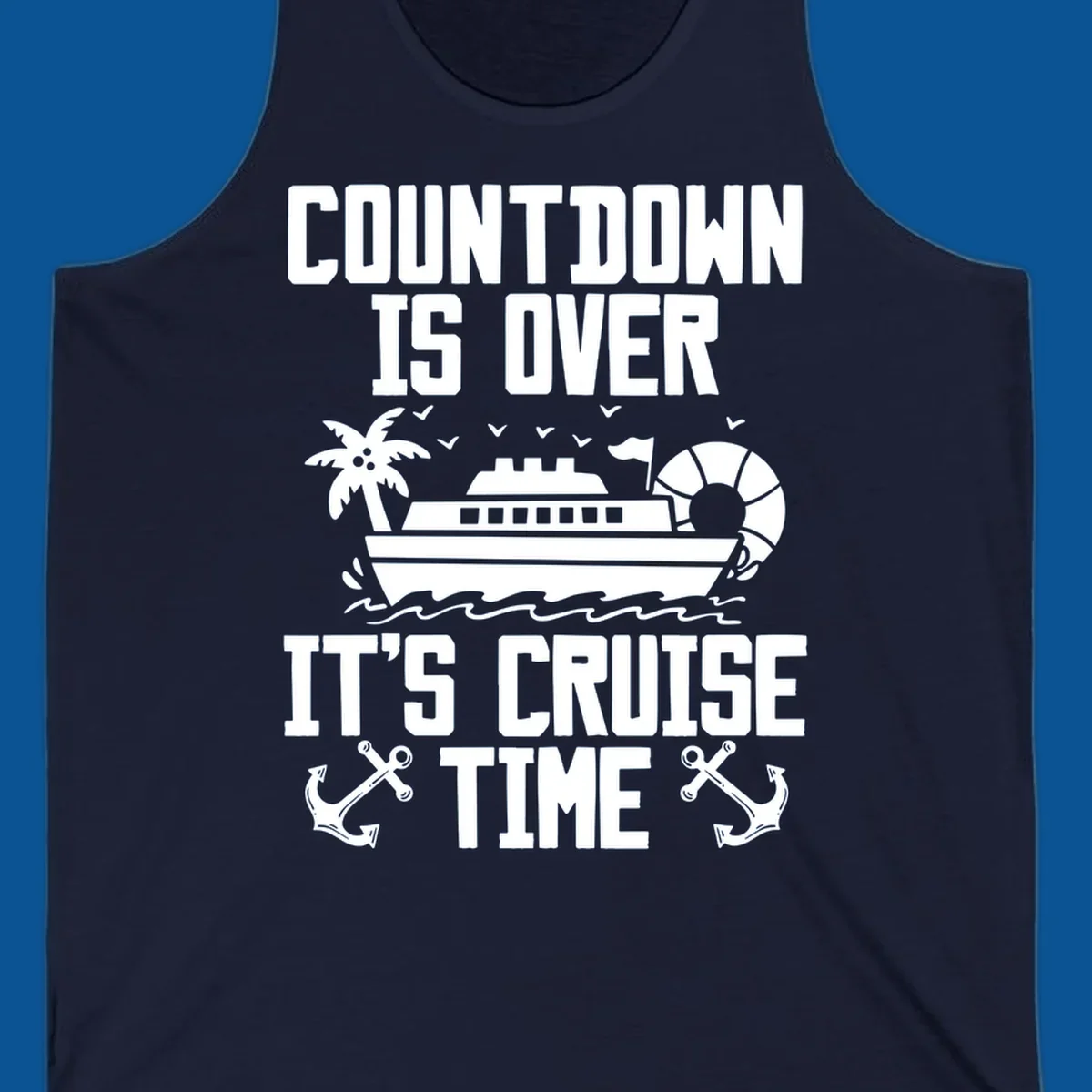 Cruise time countdown design with ship, palm tree, and anchors.
