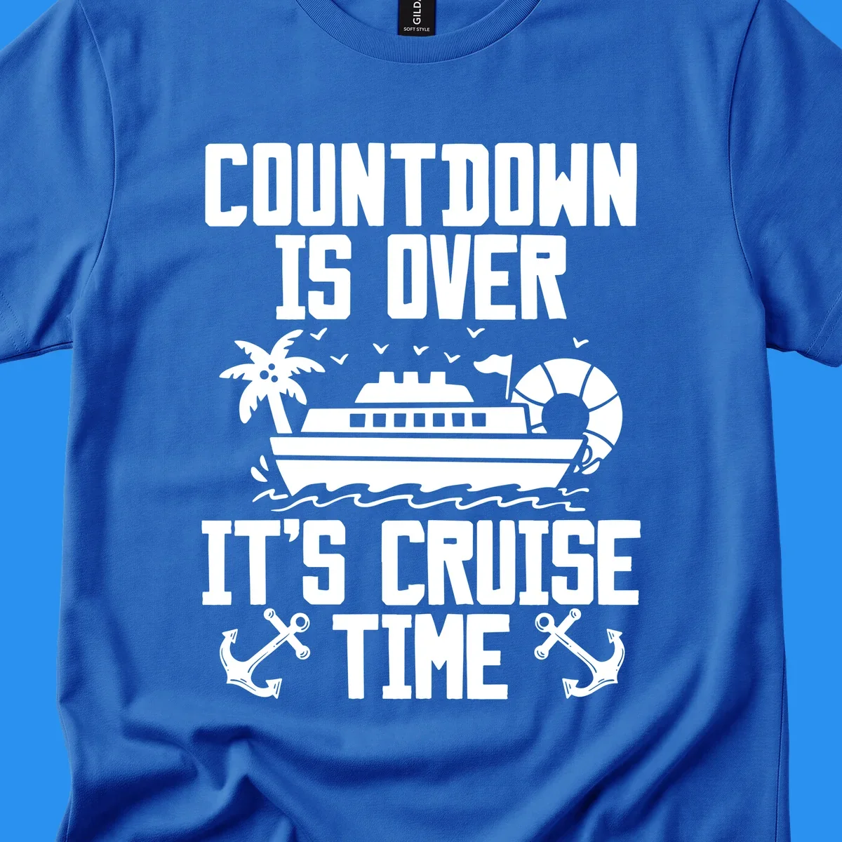 Cruise time countdown design with ship, palm tree, and anchors.