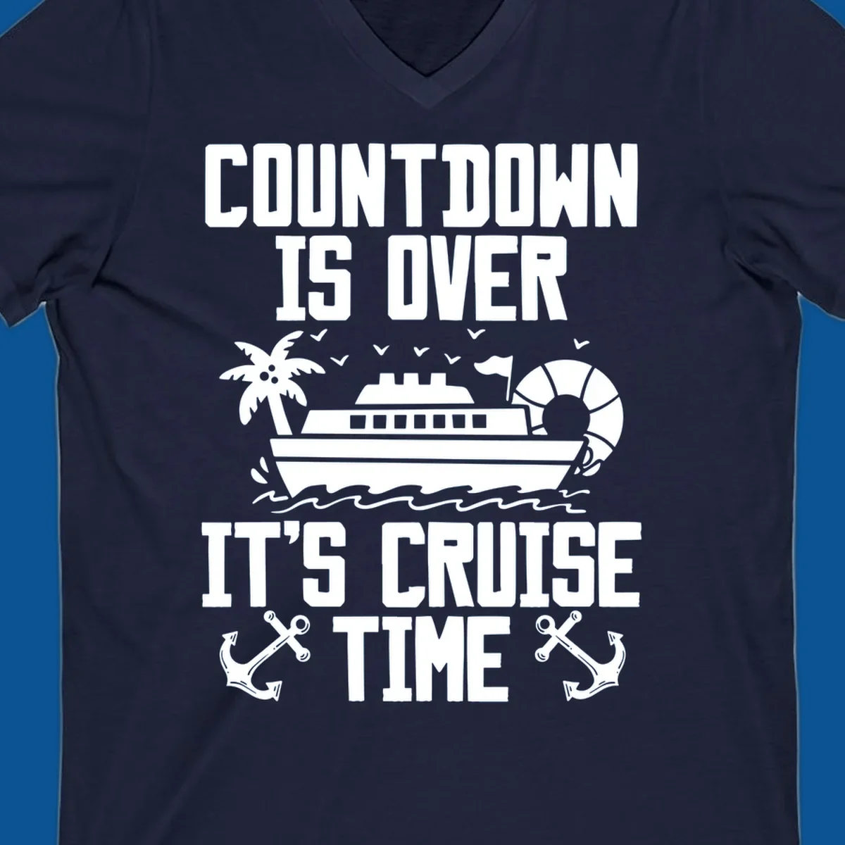 Cruise time countdown design with ship, palm tree, and anchors.