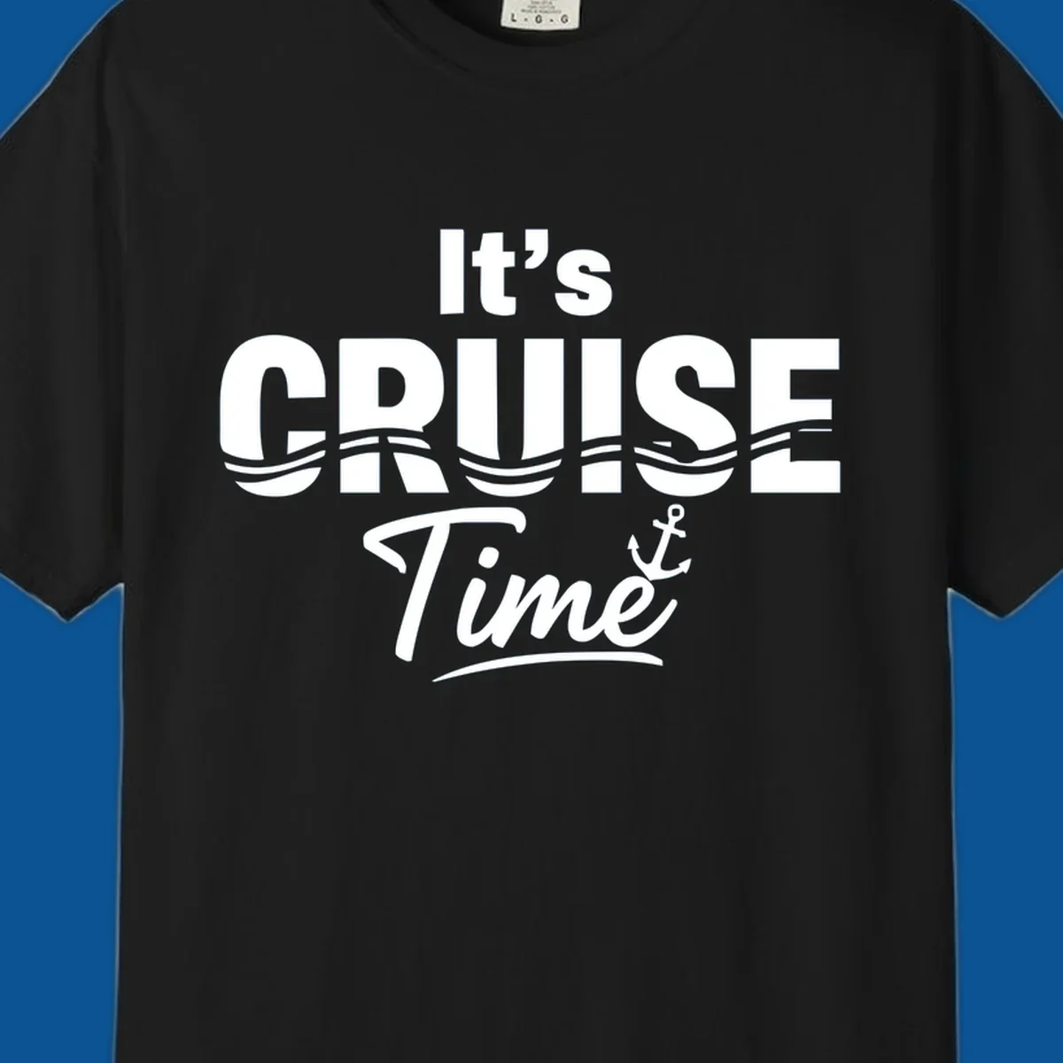 It's Cruise Time text with ocean waves and anchor graphic