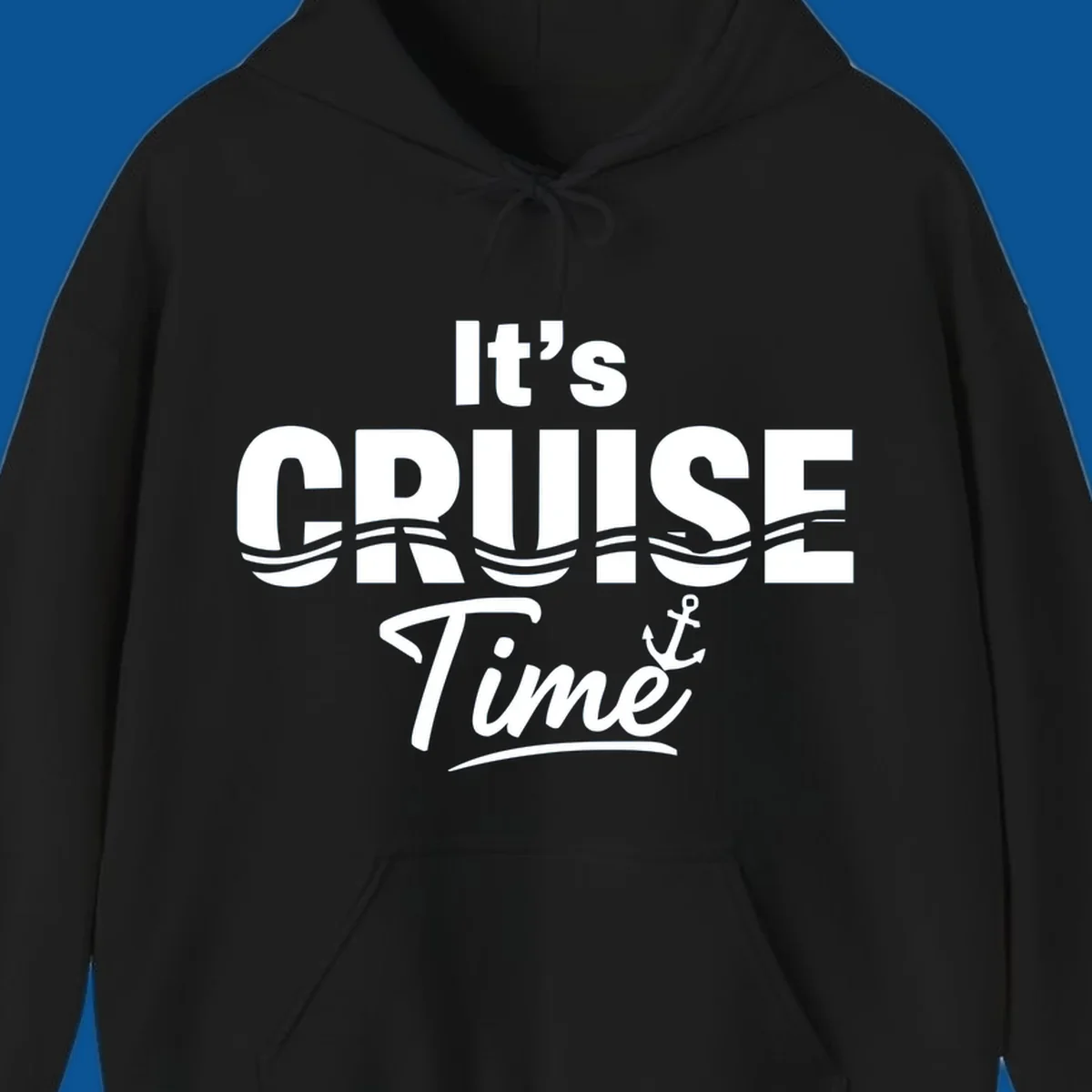 It's Cruise Time text with ocean waves and anchor graphic
