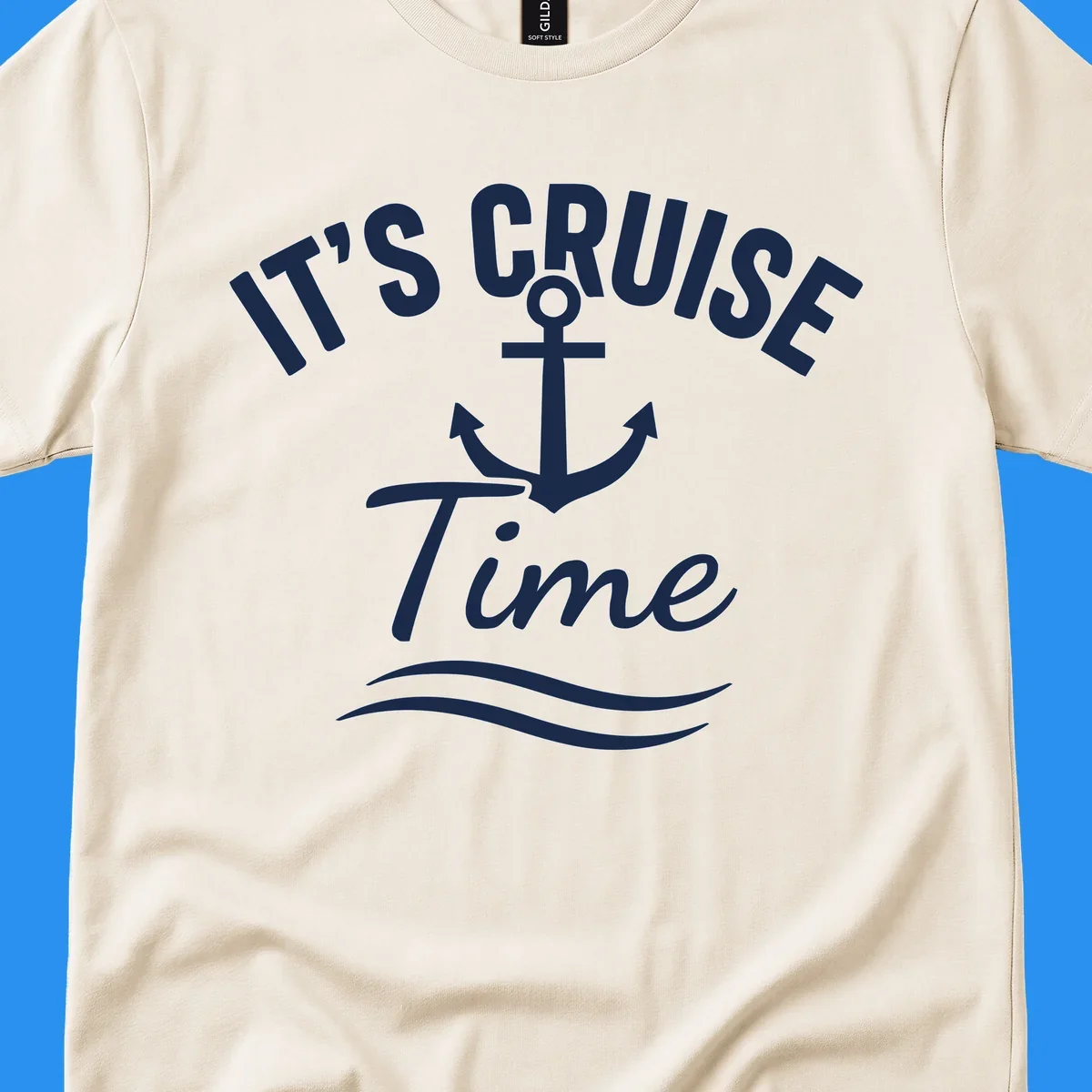 Its Cruise Time anchor graphic with text and waves