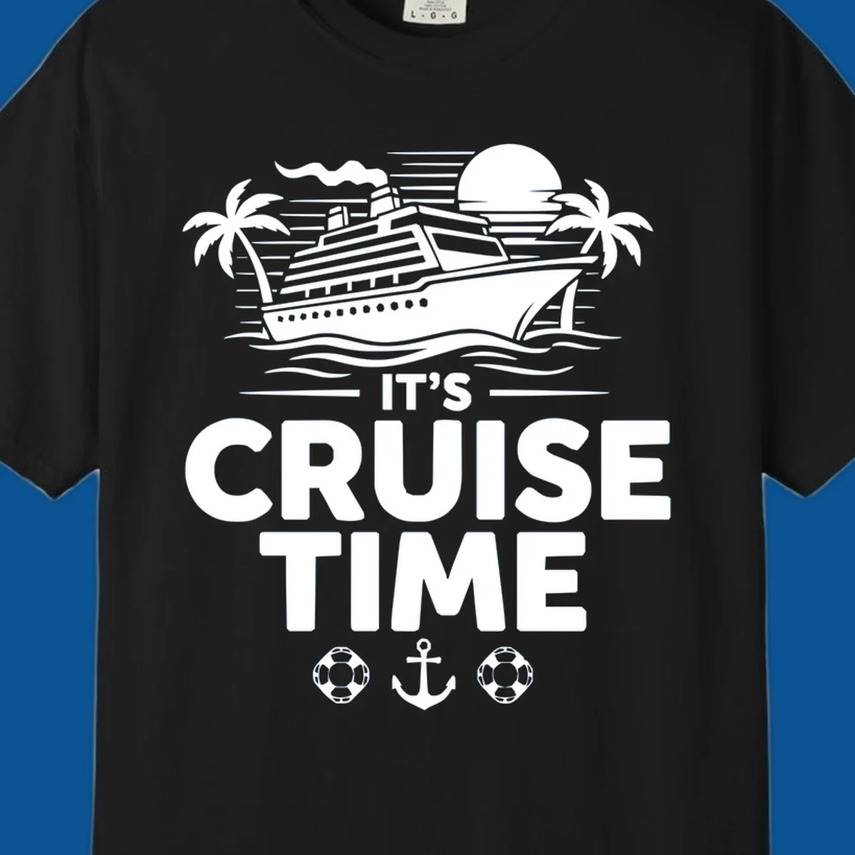 Its Cruise Time graphic with a cruise ship, palm trees, and text.