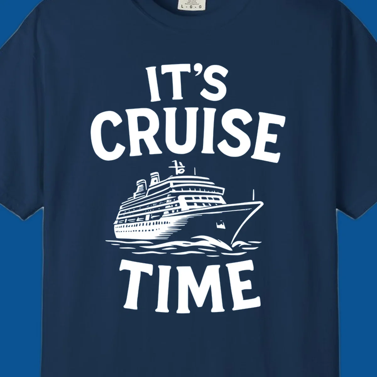 Its cruise time text with a cruise ship illustration.