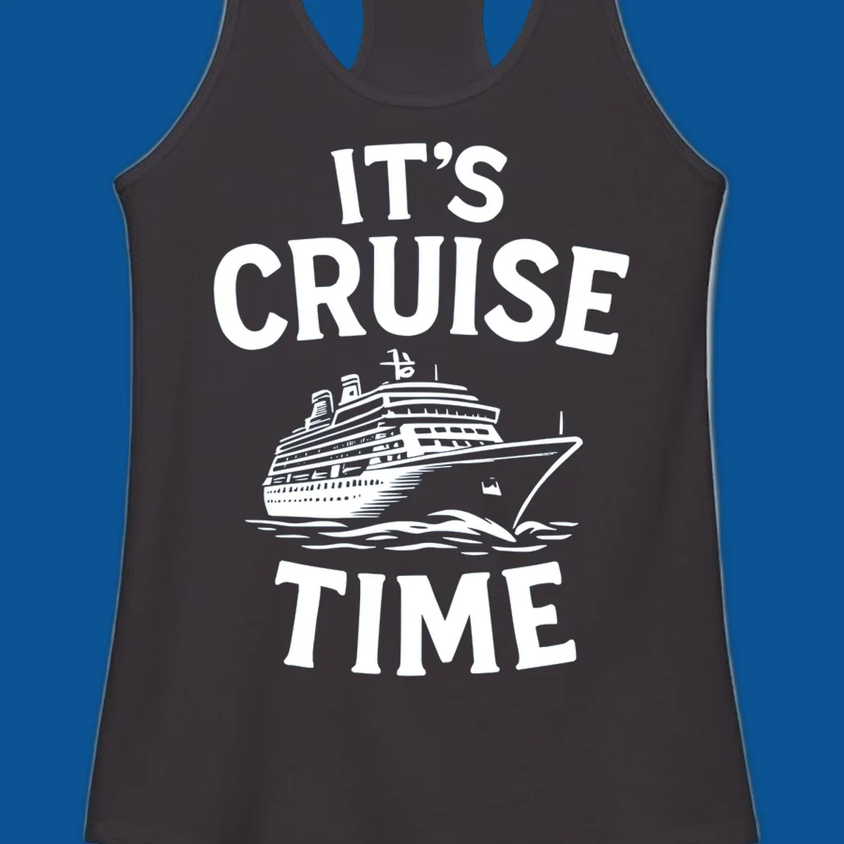 Its cruise time text with a cruise ship illustration.