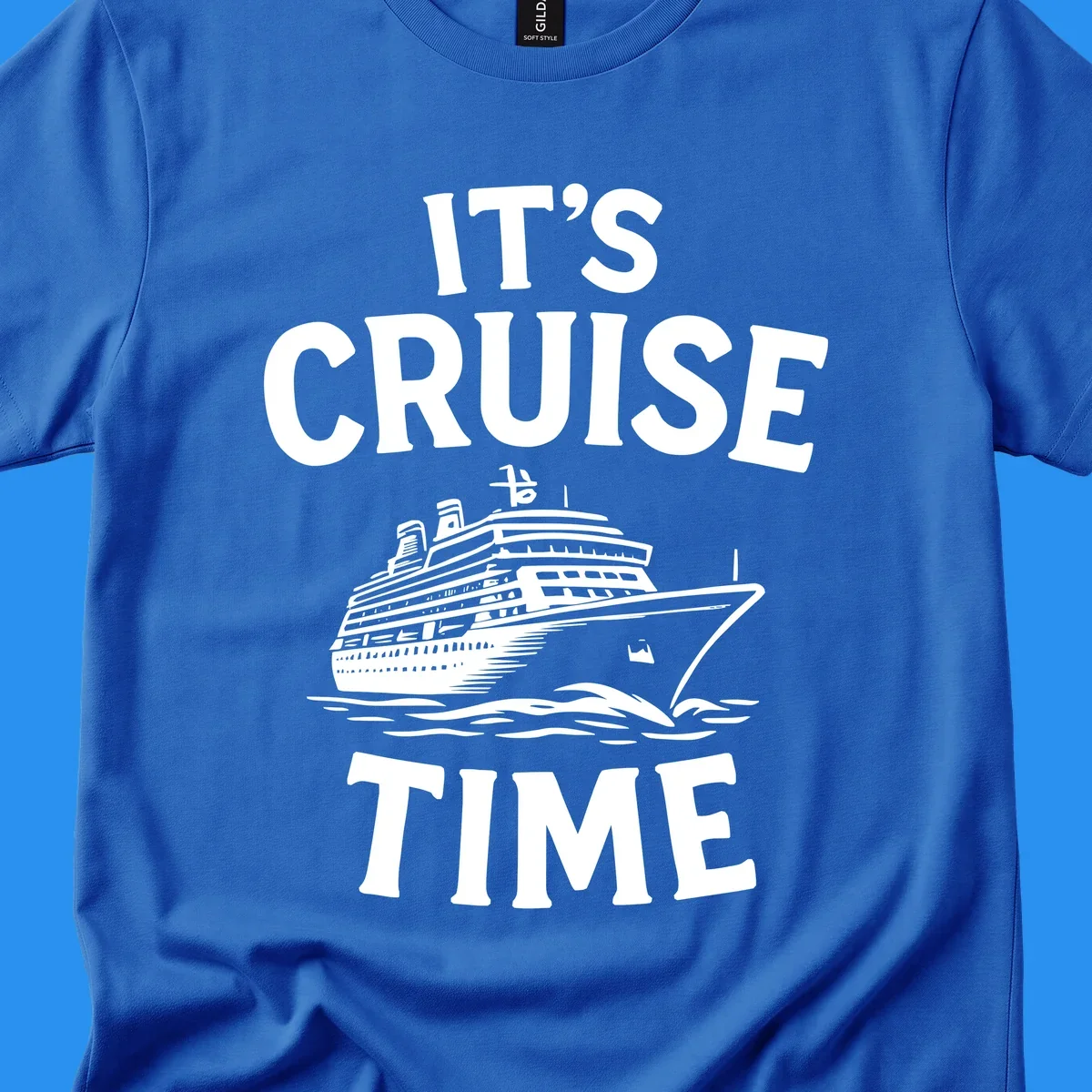 Its cruise time text with a cruise ship illustration.