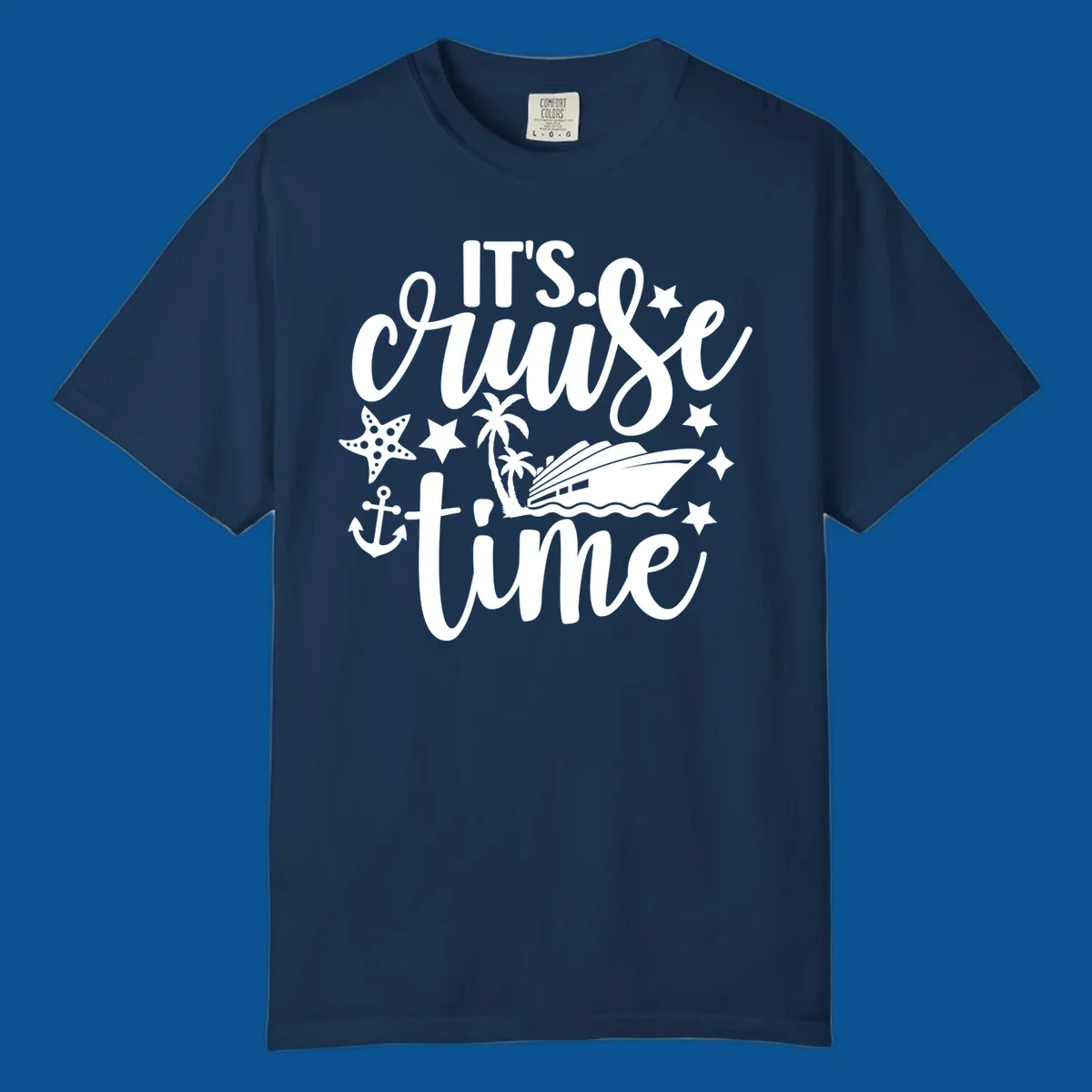 It's Cruise Time graphic with cruise ship, anchor, starfish, palm trees, and text.