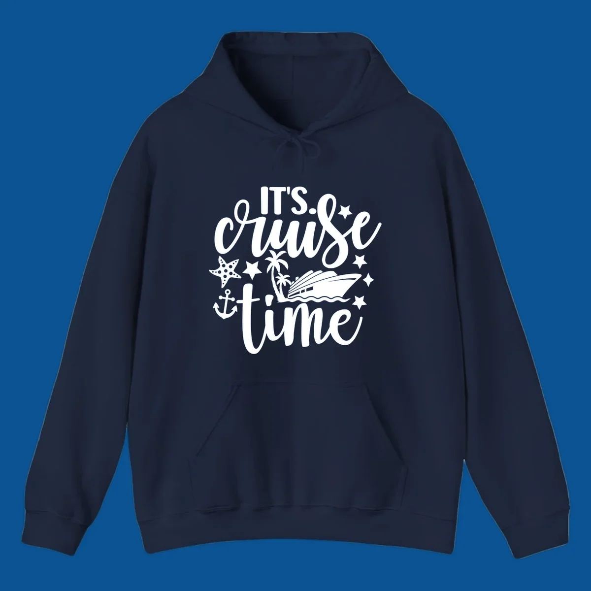 It's Cruise Time graphic with cruise ship, anchor, starfish, palm trees, and text.