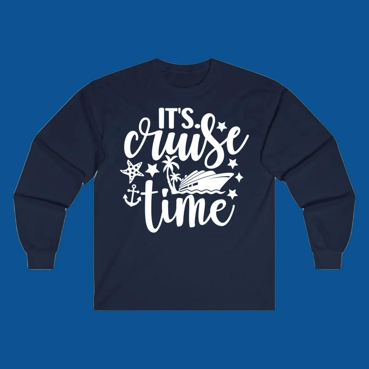 It's Cruise Time graphic with cruise ship, anchor, starfish, palm trees, and text.