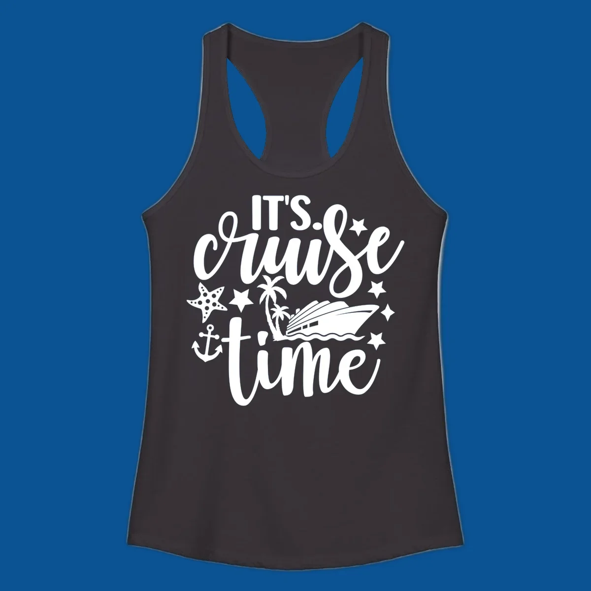 It's Cruise Time graphic with cruise ship, anchor, starfish, palm trees, and text.