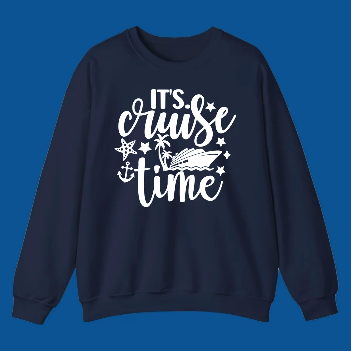 It's Cruise Time graphic with cruise ship, anchor, starfish, palm trees, and text.