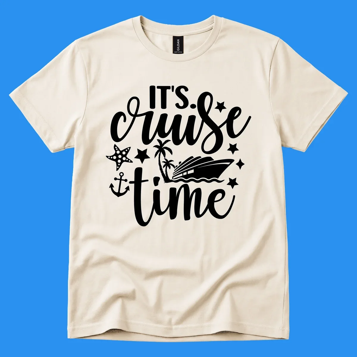 It's Cruise Time graphic with cruise ship, anchor, starfish, palm trees, and text.