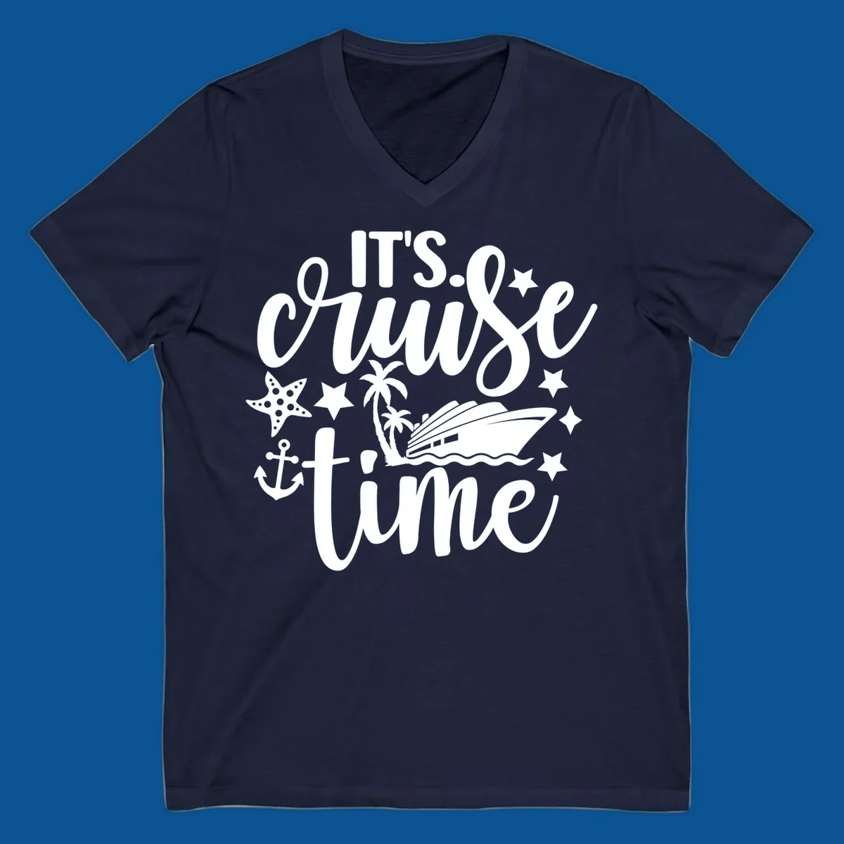 It's Cruise Time graphic with cruise ship, anchor, starfish, palm trees, and text.