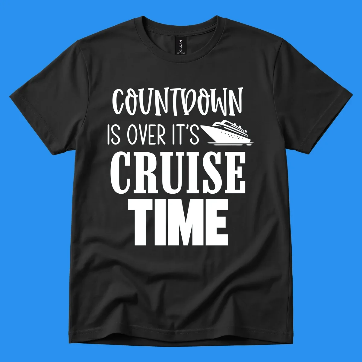 Countdown is over it's cruise time text with cruise ship illustration.
